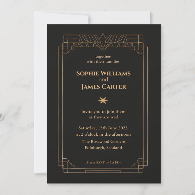 Art Deco Black Gold Wedding Invitation | Dark Eleg (Front)
