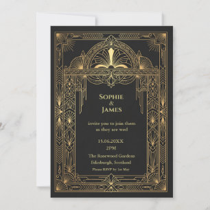 Art Deco Black Gold Wedding Invitation   Dark Eleg