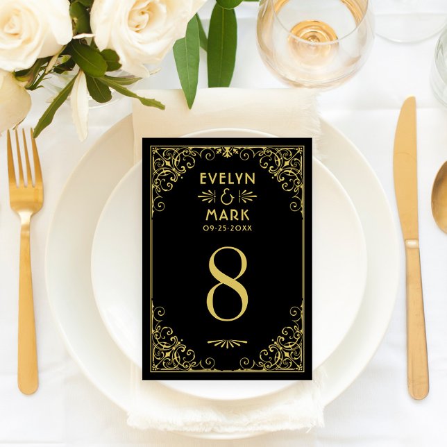 Art Deco Black Gold Wedding Table Number Card (Creator Uploaded)