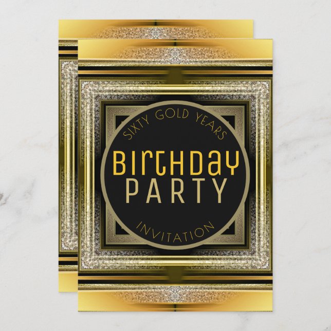 Art Deco Black Golden 60th Birthday Party Invite (Front/Back)