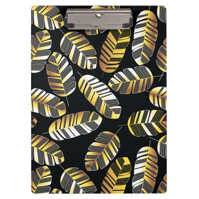 Art Deco Black Golden Feather Leaf pattern Clipboard (Front)