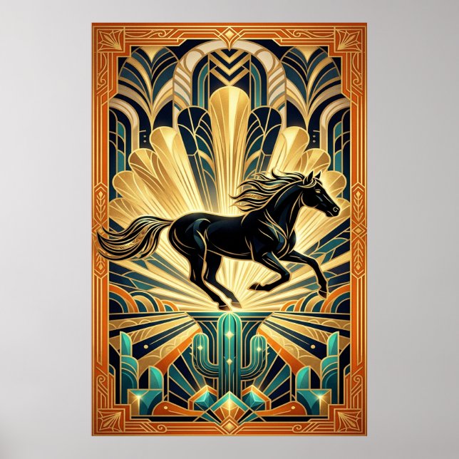 Art Deco Black Horse Cactus Palace Gold Teal Poste Poster (Front)