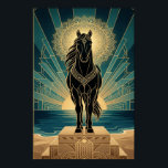 Art Deco Black Horse Mandala Sunset Teal Gold Post Poster<br><div class="desc">A divine and symmetrical celebration of the horse. This striking piece features a black horse silhouette standing upon a tiered Art Deco pedestal, positioned directly in front of a massive, shimmering gold mandala. Set against a deep teal sky with a rising sun and stylized ocean waves, this artwork brings a...</div>