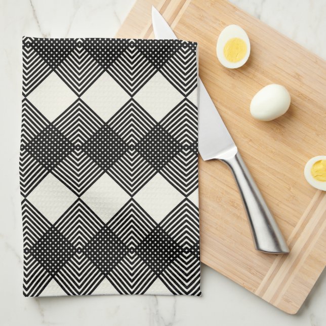 Art Deco Black Off White Diamonds Circuit Pattern Tea Towel (Quarter Fold)