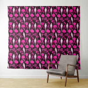 ART DECO BLACK PINK FUCHSIA FLOWERS,WHITE PARROTS TAPESTRY