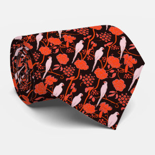 ART DECO BLACK RED  FLOWERS WITH WHITE PARROTS TIE