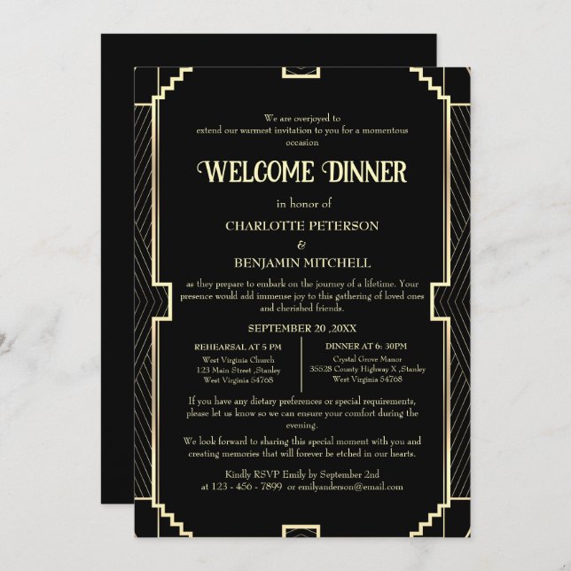 Art Deco Black Rehearsal Welcome Dinner Invitation (Front/Back)