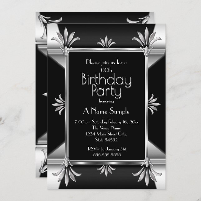 Art Deco Black Silver Chrome Birthday Party Invitation (Front/Back)