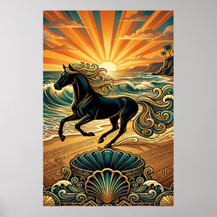 Art Deco Black Stallion Beach Waves Sunset Poster