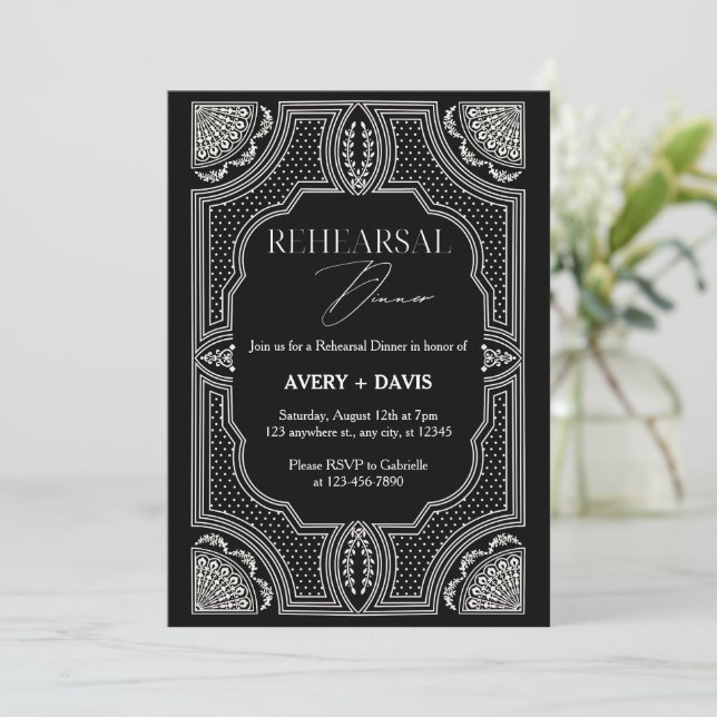 Art Deco Black & White Rehearsal Dinner Invitation (Standing Front)