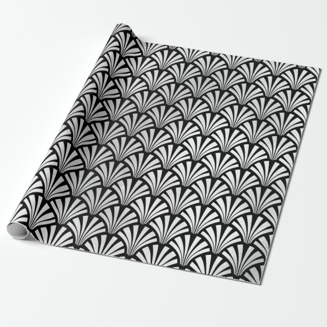 Art Deco Black White Silver Grey Scales Seashells Wrapping Paper (Unrolled)