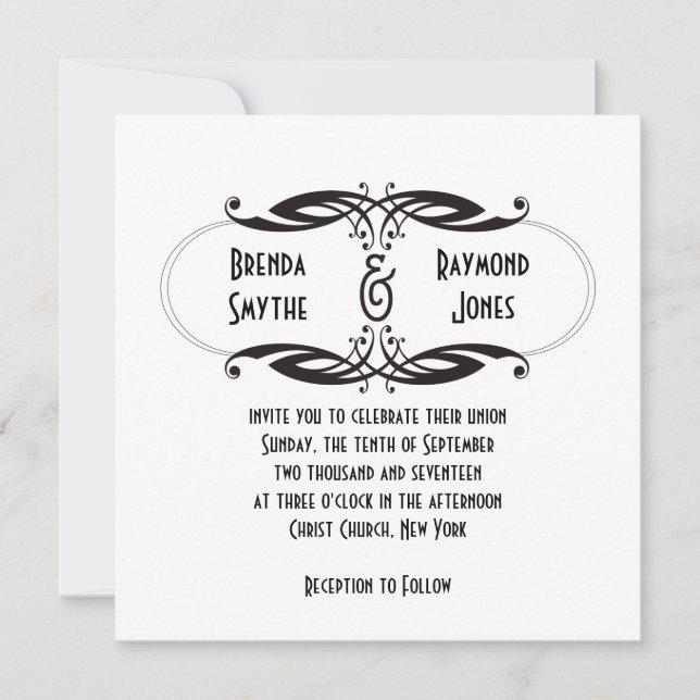 Art Deco Black White Wedding Invitation | Initials (Front)