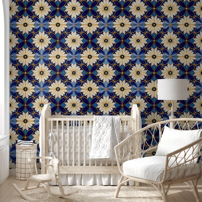 Art Deco Blue And Gold Floral Pattern Homedecor Wallpaper (Kids)