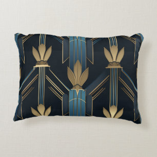 Art Deco Blue and Golden Patterns Decorative Cushion