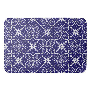 Art Deco Blue and White Abstract Tiled Pattern Bath Mat