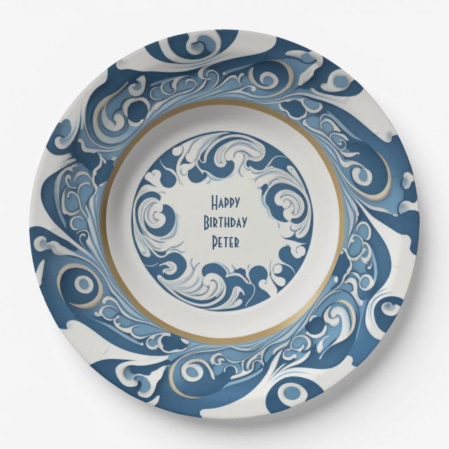 Art-deco blue and white porcelain personalised paper plate (Front)