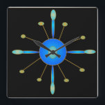 Art Deco Blue/ Aqua/ Gold > Creative Clocks<br><div class="desc">A simplistic creative art deco wall clock. This decreative design has a black background and colours of blue aqua and gold .Available in square shape only</div>