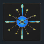 Art Deco Blue/ Aqua/ Gold > Creative Clocks<br><div class="desc">A simplistic creative art deco wall clock. This decreative design has a black background and colours of blue aqua and gold .Available in square shape only</div>