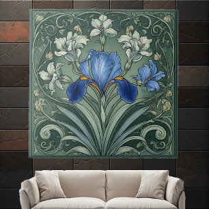 Art Deco Blue Iris Bloom Floral Motifs Botanical Tile