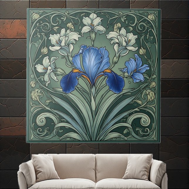  Art Deco Blue Iris Bloom Floral Motifs Botanical Tile (Art Deco Blue Iris Bloom Floral Motifs Botanical Ceramic Tile)