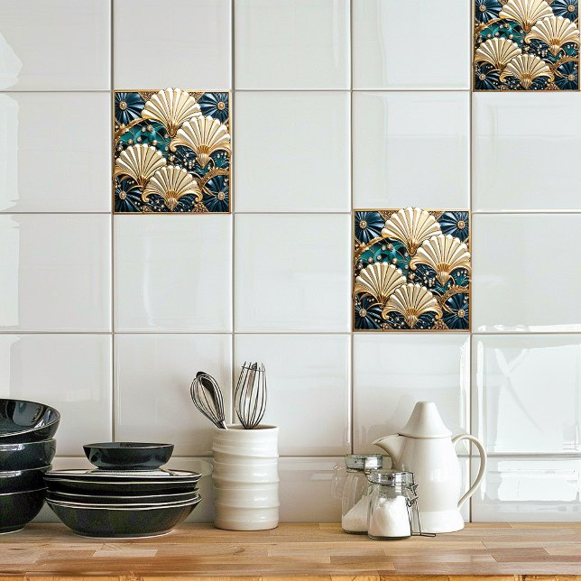 Art Deco Blue Ivory, Gems and Gold Fan Tile (Creator Uploaded)