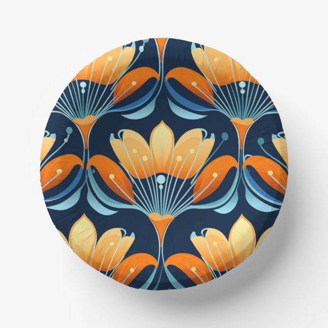 Art Deco blue orange flowers Paper Plate (Front)