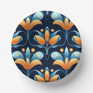 Art Deco blue orange flowers Paper Plate