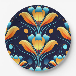 Art Deco blue orange flowers Paper Plate