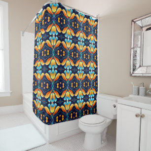 Art Deco blue orange flowers Shower Curtain