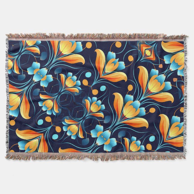 Art Deco blue orange flowers Throw Blanket (Front)