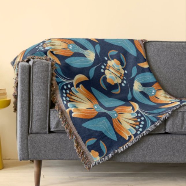 Art Deco blue orange flowers Throw Blanket (Creator Uploaded)
