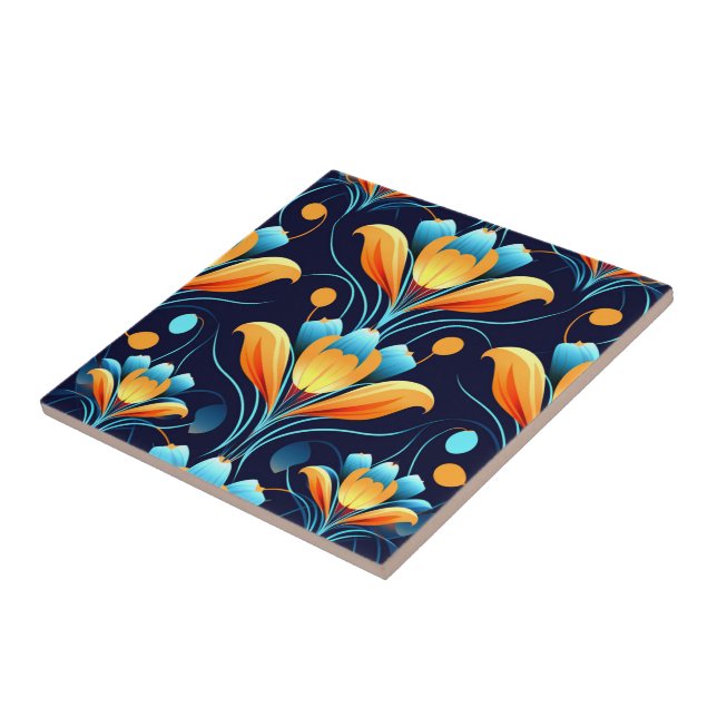 Art Deco blue orange flowers Tile (Side)