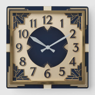 Art Deco Blue Square Wall Clock