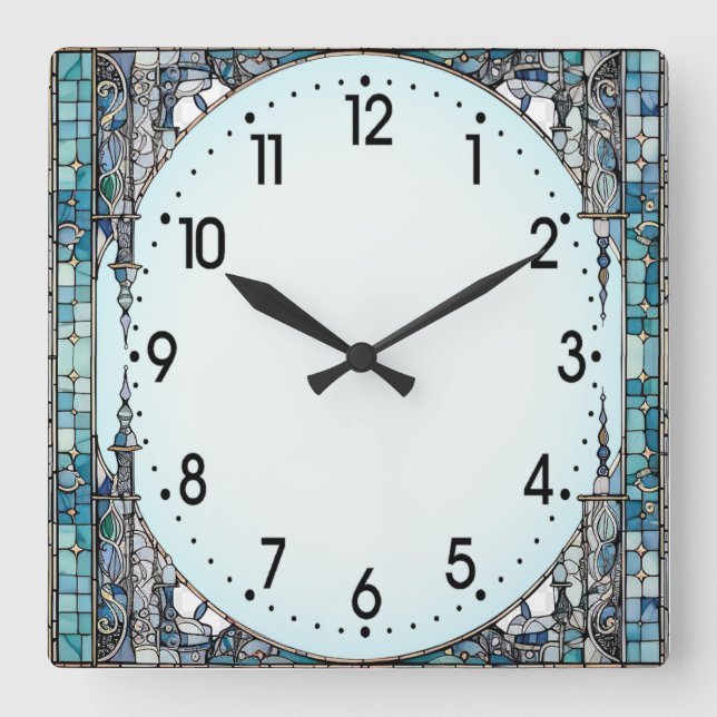 Art Deco Blue Square Wall Clock (Front)