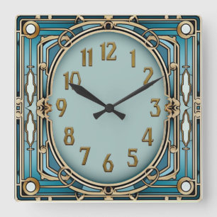 Art Deco Blue Square Wall Clock