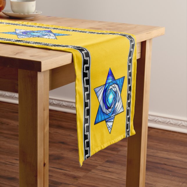 Art Deco Blue Stained Glass Magen David on Yellow Short Table Runner (In Situ)