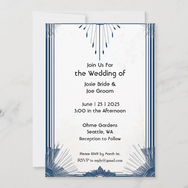 Art deco blue white elegant wedding invitation (Front)