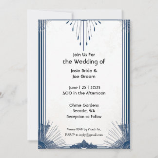Art deco blue white elegant wedding invitation