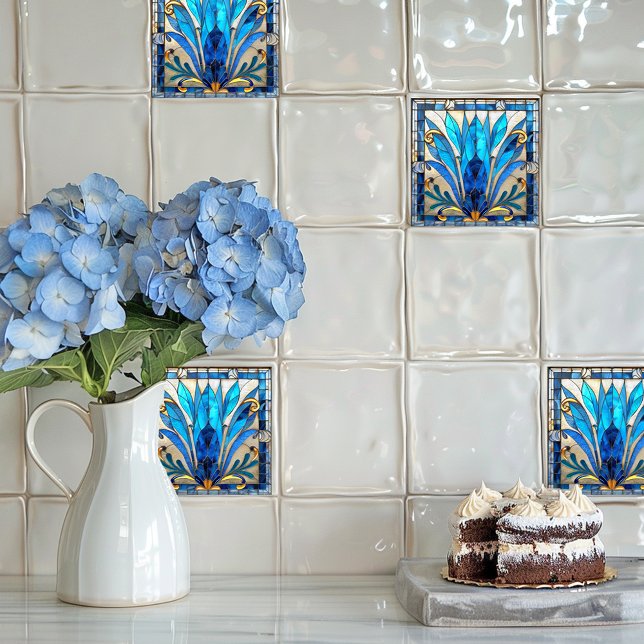 Art Deco Blue White Gold Flower Petals  Tile (Creator Uploaded)