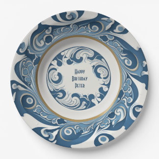 Art-Deco Blue/White Porcelain Design Personalised Paper Plate