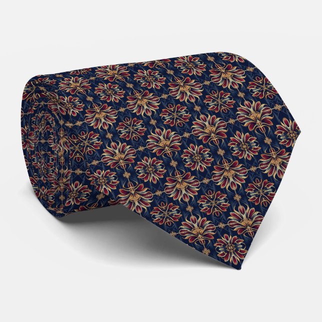 Art Deco Botanical Geometry Pattern: Cranberry... Tie (Rolled)