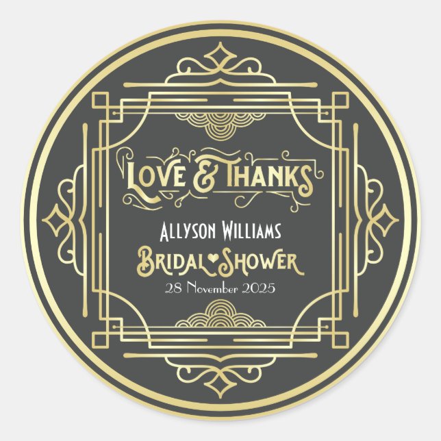 Art Deco Bridal Shower Elegant Gold Grey Favour Classic Round Sticker (Front)