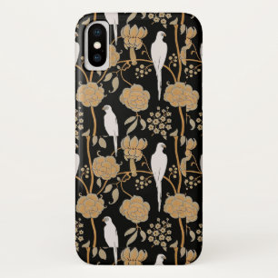 ART DECO BROWN FLOWERS,WHITE PARROTS ON BLACK iPhone X CASE