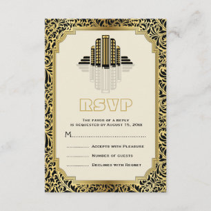 Art Deco buildings black, gold wedding RSVP