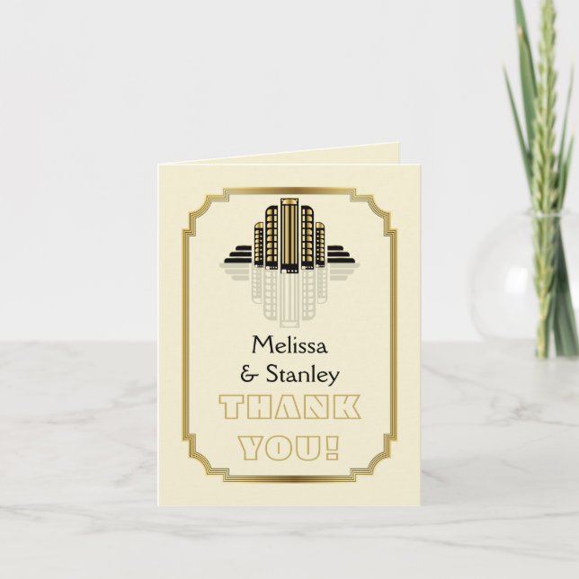 Art Deco buildings black, gold wedding Thank You Card (Front)