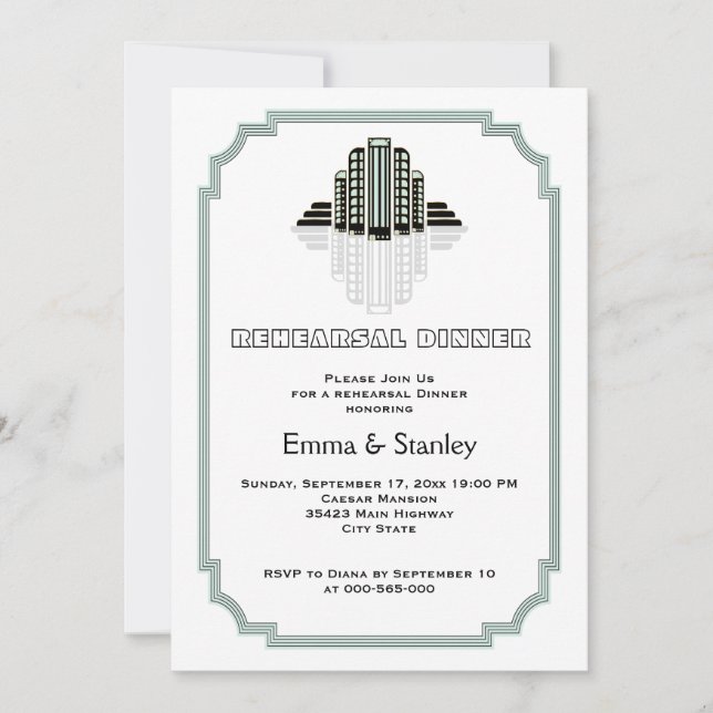 Art Deco buildings mint wedding  rehearsal dinner Invitation (Front)