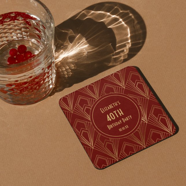 Art Deco Burgundy & Gold 40th Birthday Party   Square Paper Coaster (Creator Uploaded)