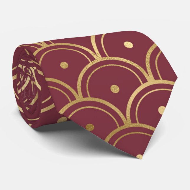 art deco Burgundy gold tiled pattern Tie (Rolled)