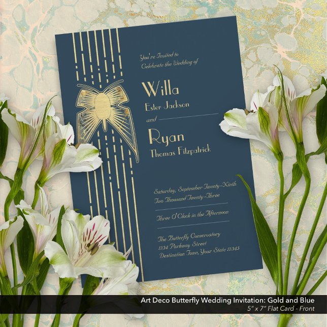Art Deco Butterfly Blue and Gold Wedding  Invitation (Art Deco Butterfly Blue and Gold Wedding Invitation - Front)