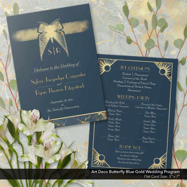 Art Deco Butterfly Blue Gold Wedding Program Save The Date (Art Deco Butterfly Navy Blue and Antique Gold Wedding Ceremony Program: 5" x 7" Flat Card)